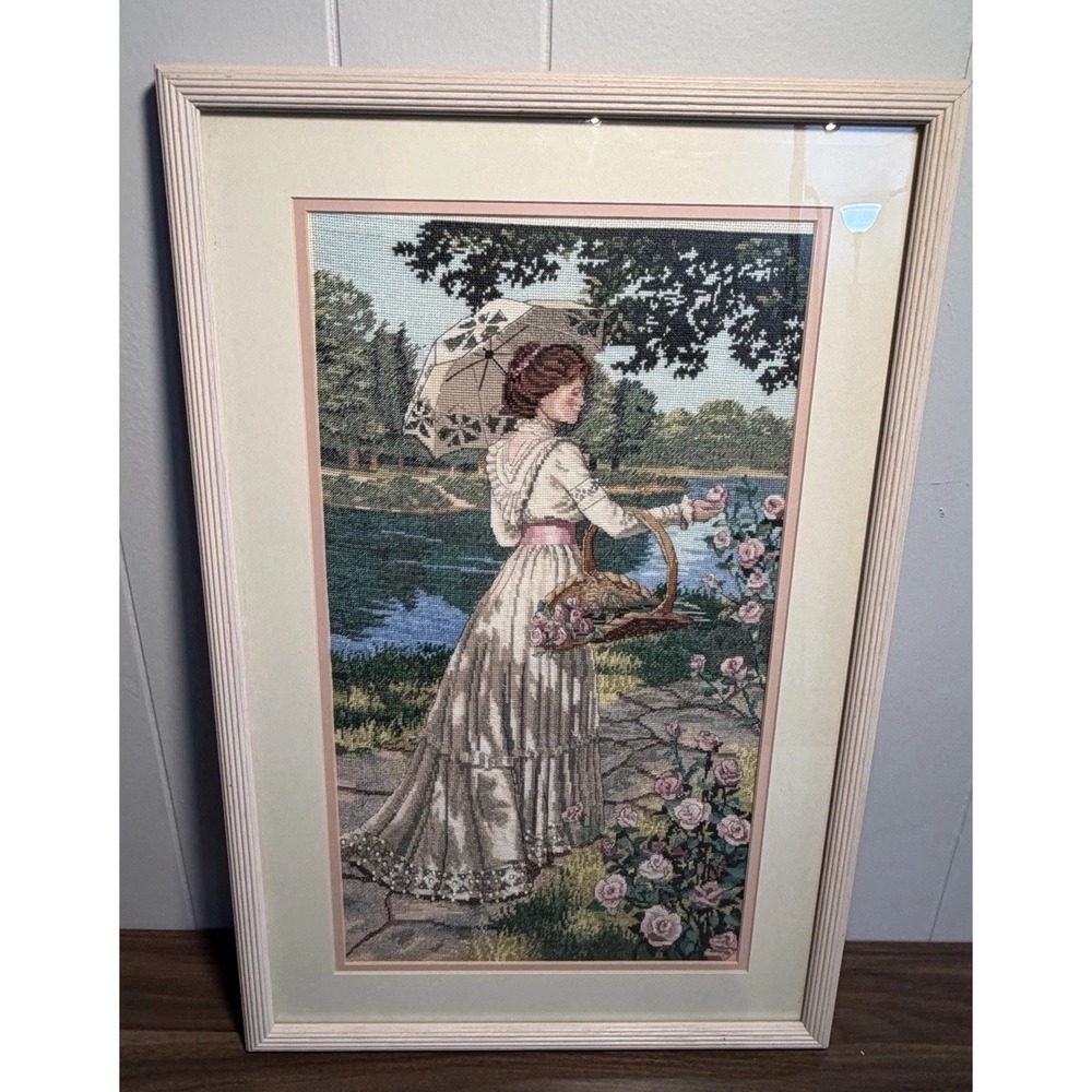 VTG Cross Stitch Victorian Lady Parasol Roses Cottage Core Completed Farmhouse